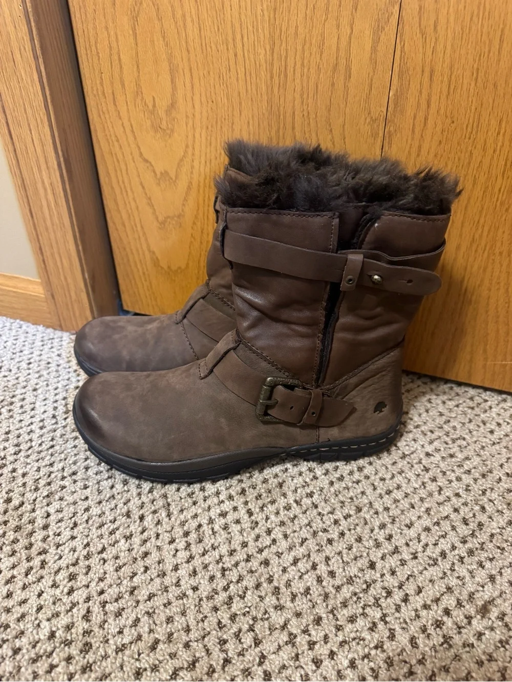 Women's Brown Faux-Fur Buckle Winter Ankle Boots